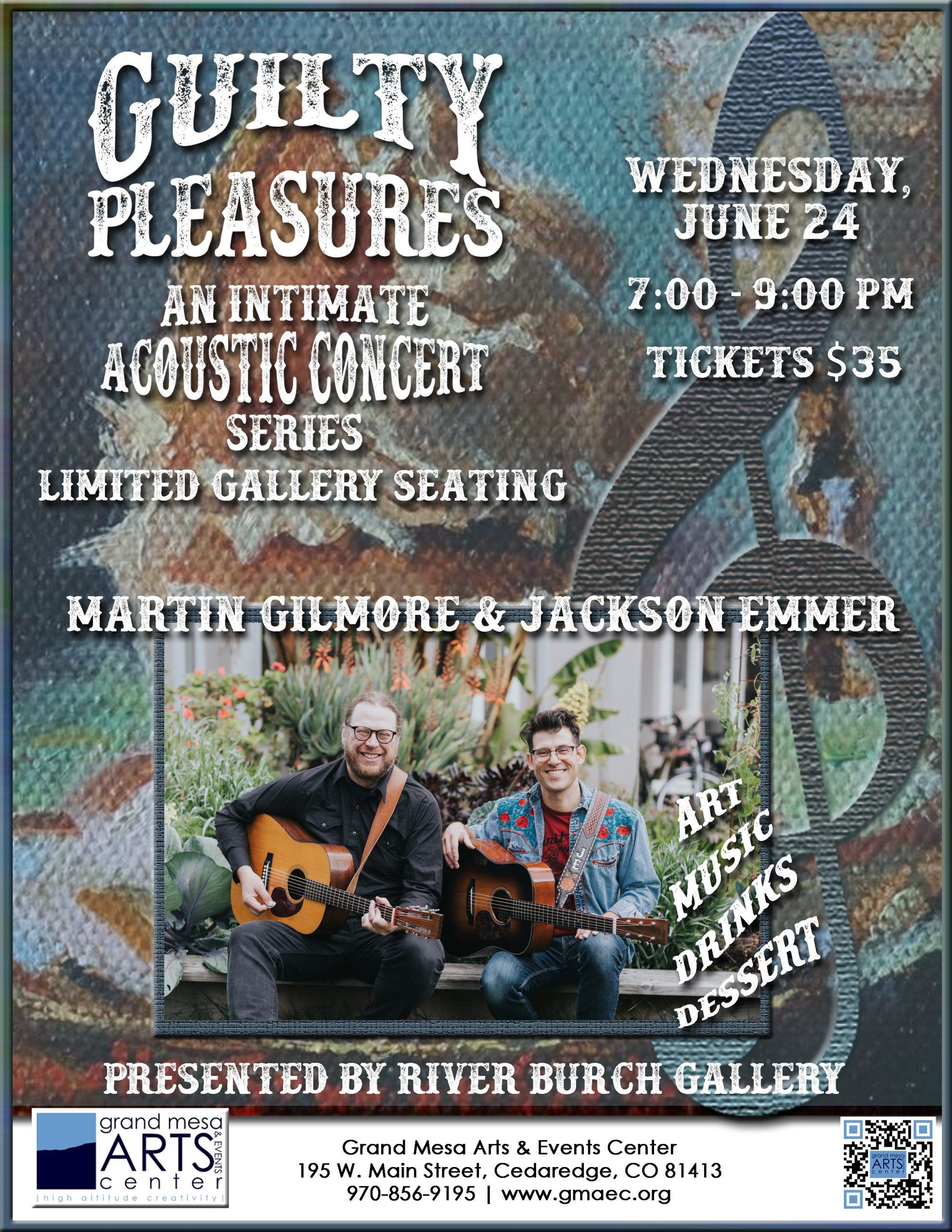 Concert flyer for "Guilty Pleasures" series at GMAEC. Features Martin Gilmore and Jackson Emmer with guitars. Includes dates June 24 and July 15, 7-9 PM, and $35 ticket price.