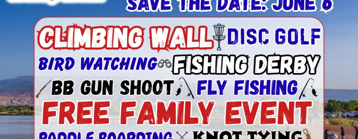 Flyer for 2026 Outdoor Heritage Days on June 6 at Confluence Park. Lists activities like climbing wall, archery, and fishing with "Free BBQ" in large blue text.