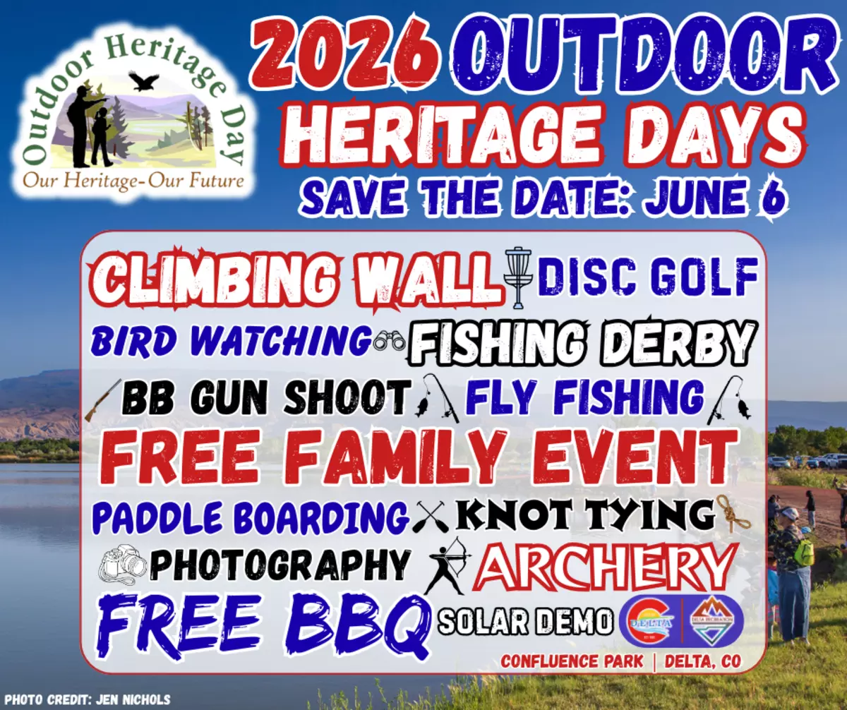 Flyer for 2026 Outdoor Heritage Days on June 6 at Confluence Park. Lists activities like climbing wall, archery, and fishing with "Free BBQ" in large blue text.