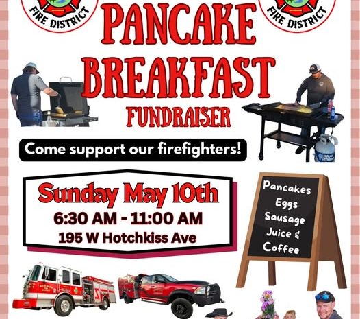 Pancakes for a purpose! 🥞🚒 Support the Hotchkiss Fire District on Sunday, May 10th from 6:30–11 AM. $10 donation for adults, $5 for kids.