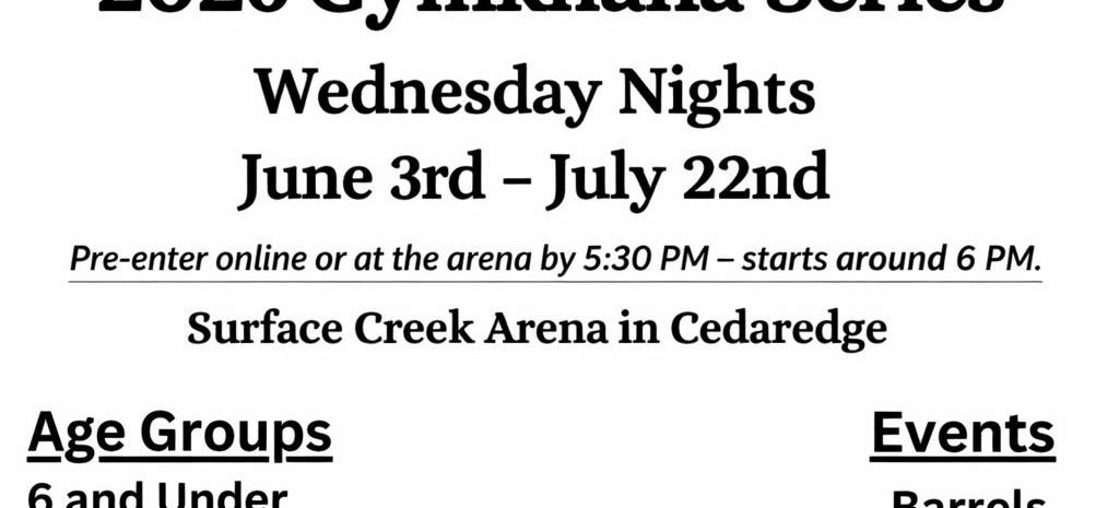 Flyer for Surface Creek Saddle Club 2026 Gymkhana Series. Wednesday nights, June 3 to July 22 at Surface Creek Arena, Cedaredge. Graphic shows a western rider racing around a barrel over an American flag.