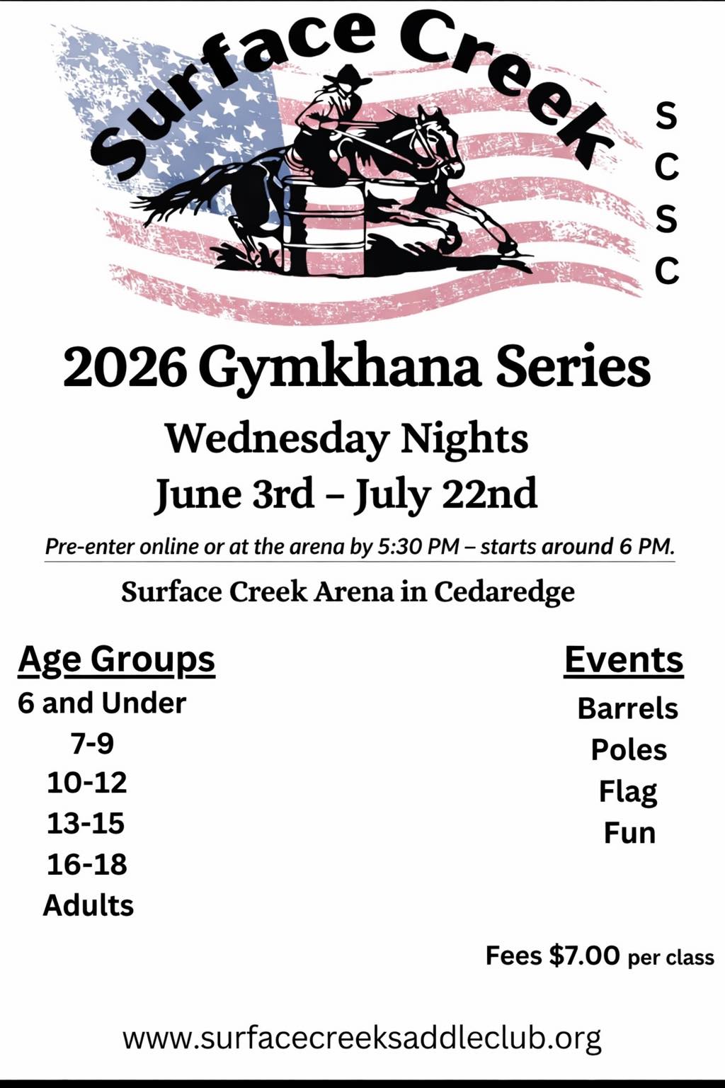 Flyer for Surface Creek Saddle Club 2026 Gymkhana Series. Wednesday nights, June 3 to July 22 at Surface Creek Arena, Cedaredge. Graphic shows a western rider racing around a barrel over an American flag.