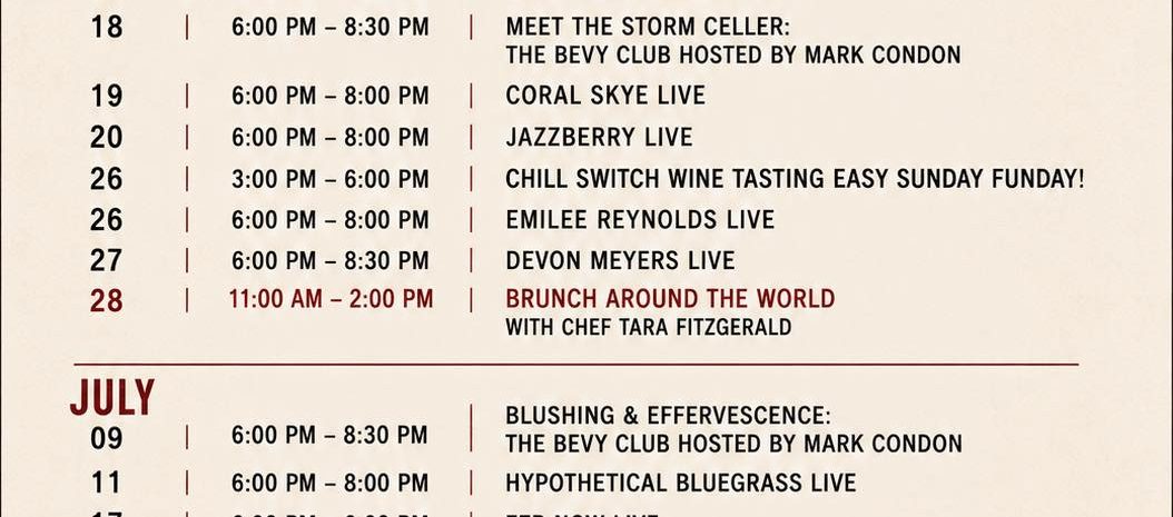 Summer calendar for Snow Capped Cider Taproom in Cedaredge. Lists extensive live music dates, world brunches, and Bevy Club dates for June, July, and August against a mountain backdrop.