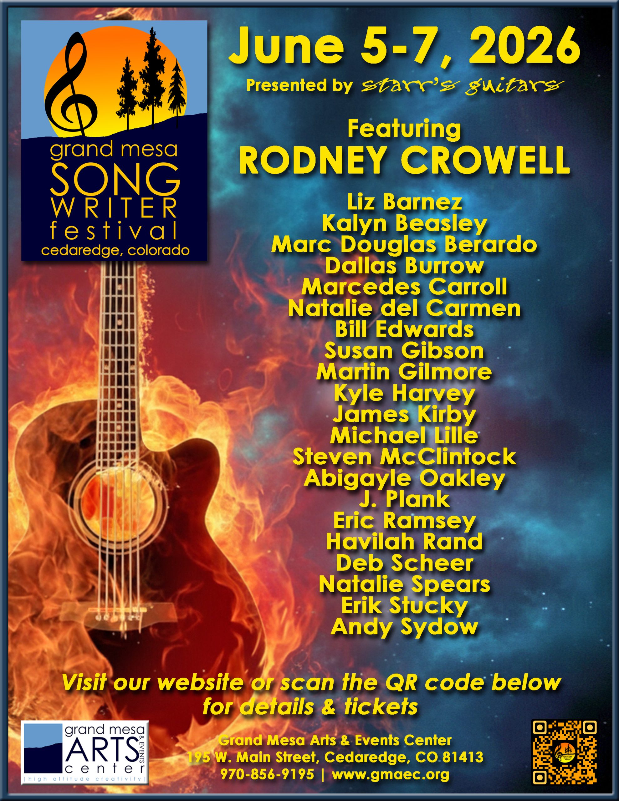 Event flyer for the Grand Mesa Songwriter Festival in Cedaredge, Colorado, June 5-7, 2026. Features headliner Rodney Crowell and 25 other artists. Presented by Starr’s Guitars at the Grand Mesa Arts & Events Center. Background shows a guitar enveloped in flames against a starry blue sky. Includes a QR code and website gmaec.org for tickets.