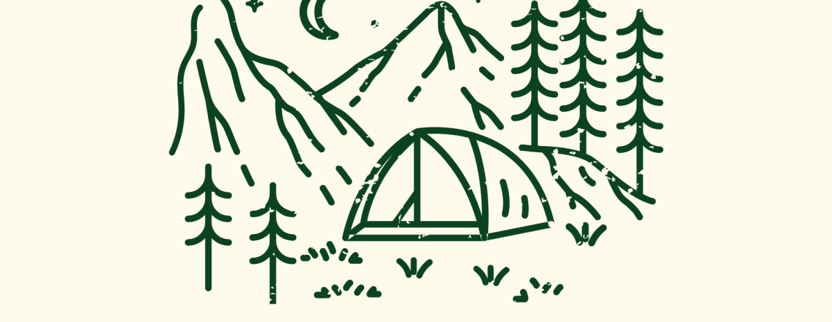 "Camp Together Crawford" event flyer by The Nature Connection and CPW for June 27-28. Features a line art drawing of a tent nestled by mountains and pine trees under a crescent moon.