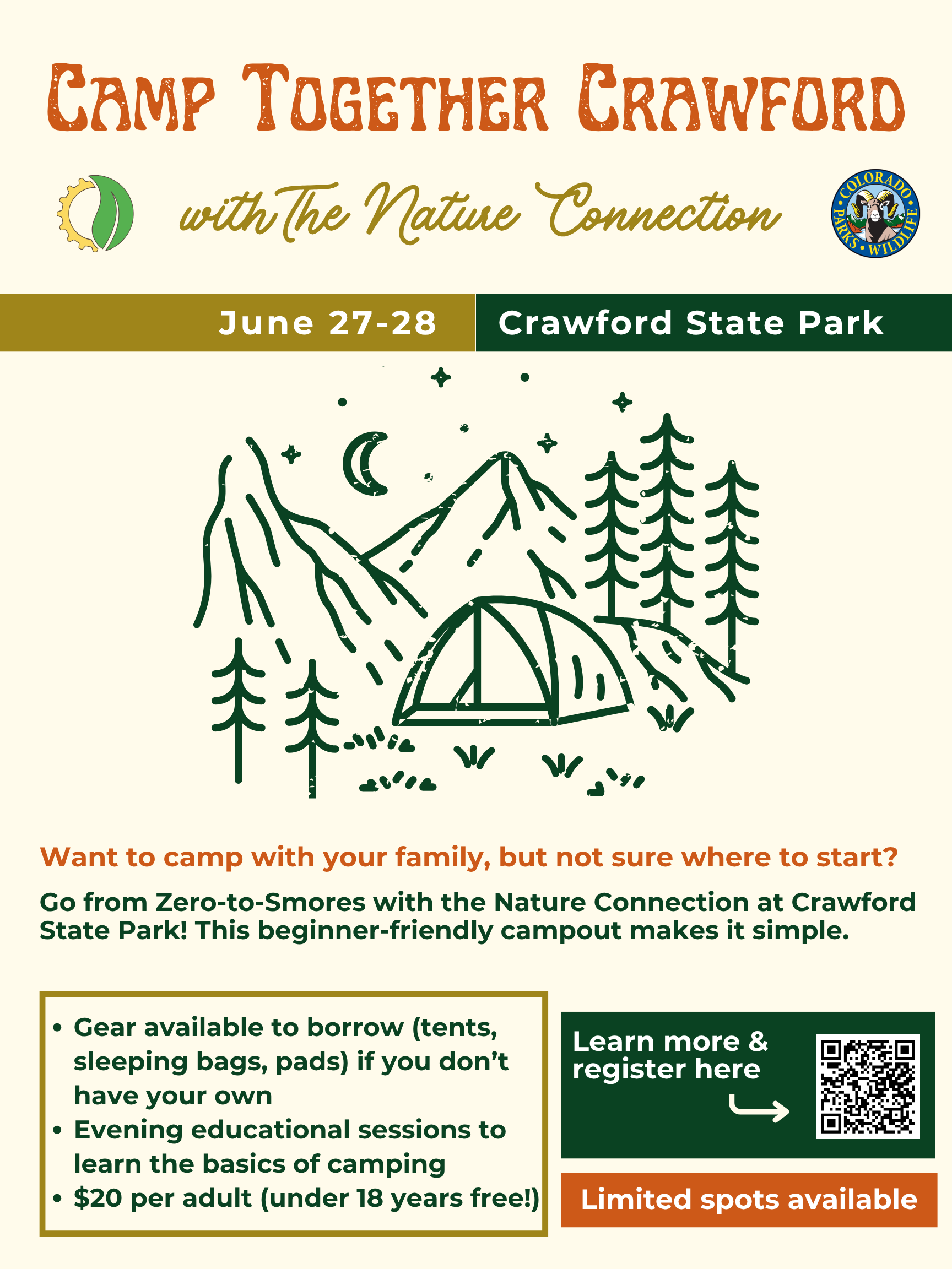 "Camp Together Crawford" event flyer by The Nature Connection and CPW for June 27-28. Features a line art drawing of a tent nestled by mountains and pine trees under a crescent moon.