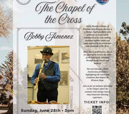 Concert flyer for Bobby Jimenez at The Chapel of the Cross on Sunday, June 28th at 3 PM. Features a photo of the artist playing a wooden flute with a historic white church tower in the background.