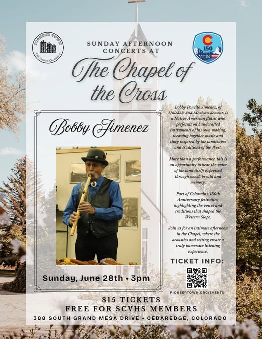Concert flyer for Bobby Jimenez at The Chapel of the Cross on Sunday, June 28th at 3 PM. Features a photo of the artist playing a wooden flute with a historic white church tower in the background.