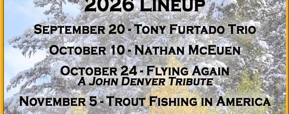 Fall into Winter Concert Series" flyer for GMAEC in Cedaredge, CO. Lists the 2026 lineup from September to December, including Tony Furtado, Stillhouse Junkies, and Moors & McCumber.