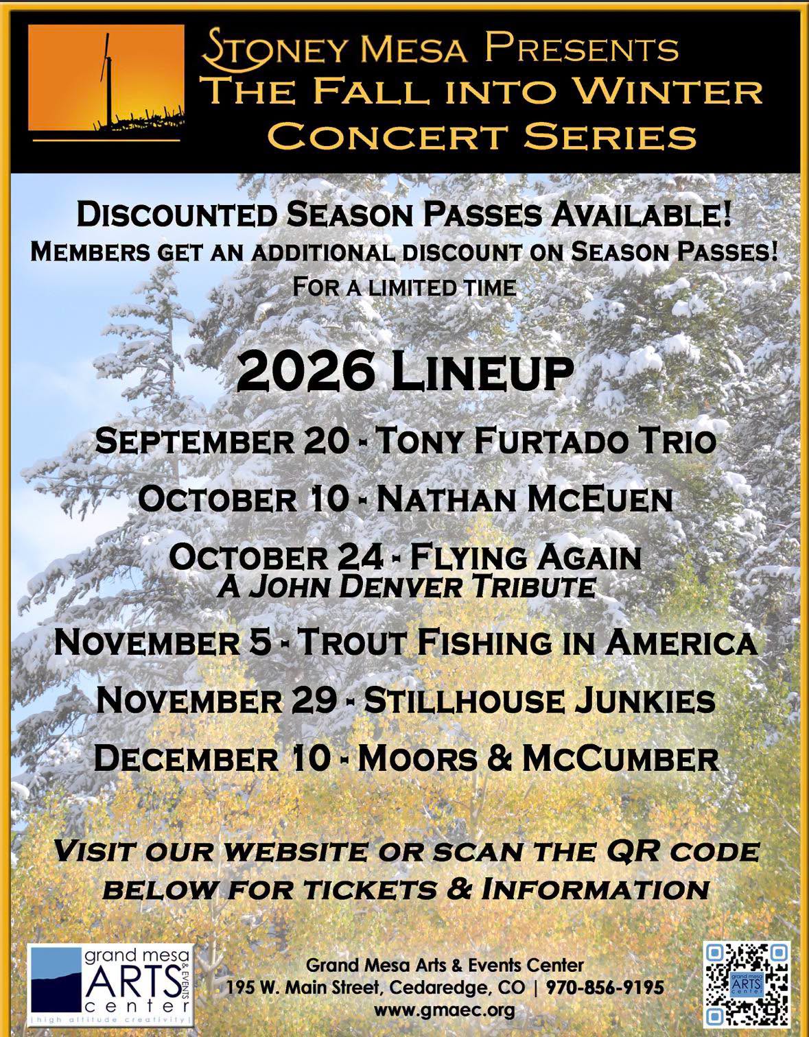 Fall into Winter Concert Series" flyer for GMAEC in Cedaredge, CO. Lists the 2026 lineup from September to December, including Tony Furtado, Stillhouse Junkies, and Moors & McCumber.