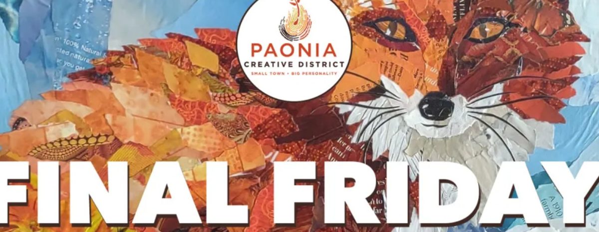 Image of a paper collage fox with Final Friday in text and the Paonia Creative Districts logo