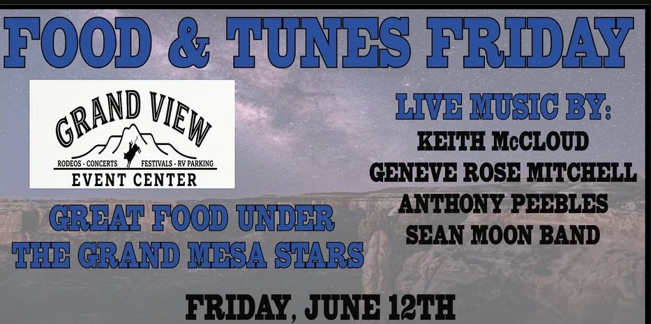 Event banner for Food & Tunes Friday at Grand View Event Center on Friday, June 12th. Set against a starry night sky backdrop, it lists live music acts including the Sean Moon Band
