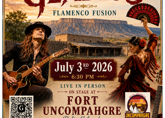 Concert flyer for Gladius Flamenco Fusion at Fort Uncompahgre on July 3, 2026 at 6:30 PM. Features a long-haired guitarist and a flamenco dancer in a red dress with the historic fort behind them.