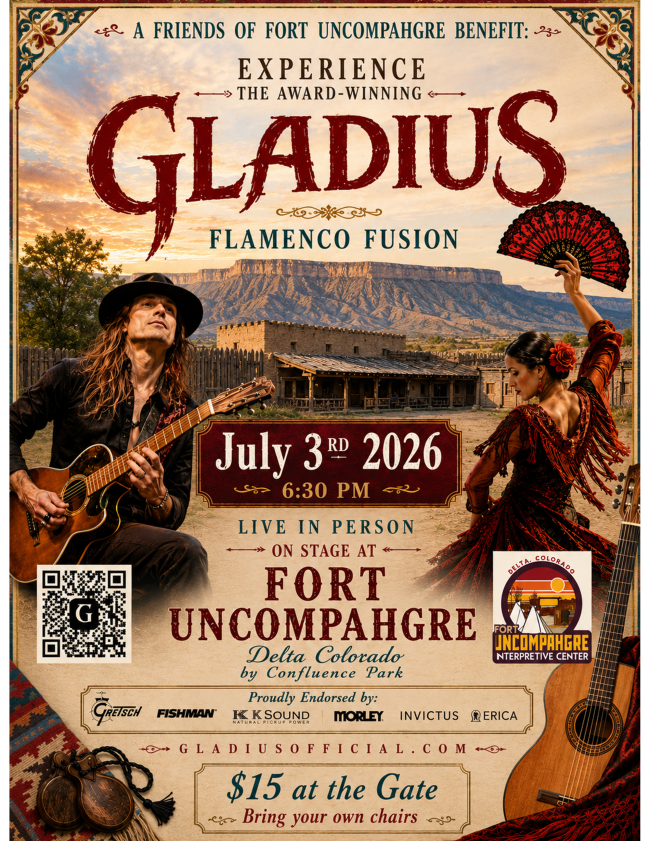 Concert flyer for Gladius Flamenco Fusion at Fort Uncompahgre on July 3, 2026 at 6:30 PM. Features a long-haired guitarist and a flamenco dancer in a red dress with the historic fort behind them.