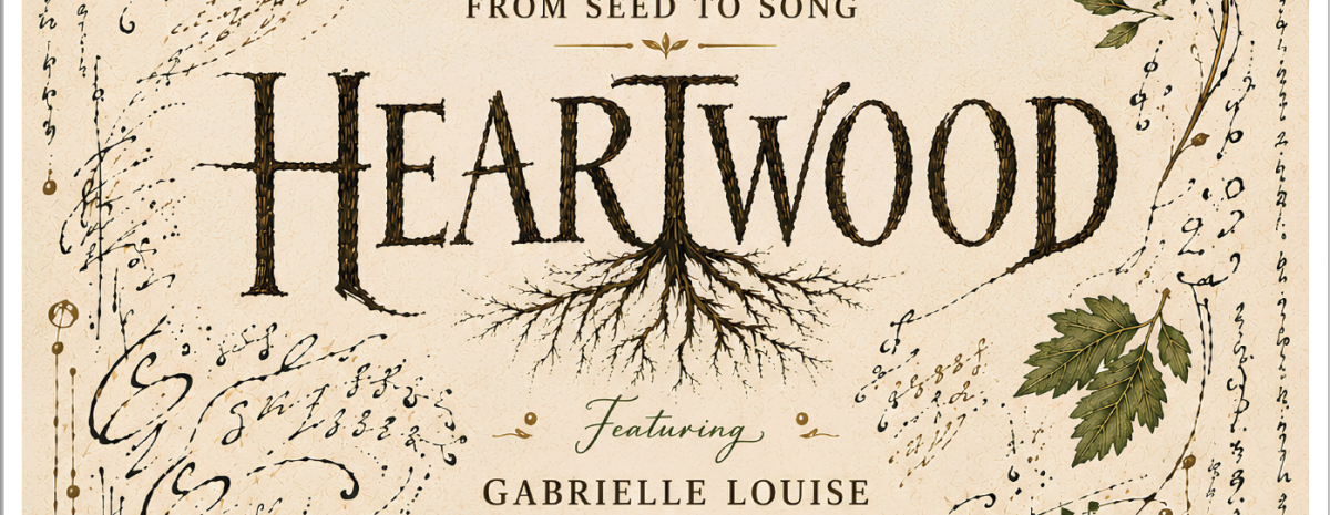 "From Seed to Song: Heartwood" artistic event flyer for June 24 at 5:30 PM at the KVNF Community Room. Intricately illustrated with botanical tree leaves, musical notes, roots, and flowing script text.