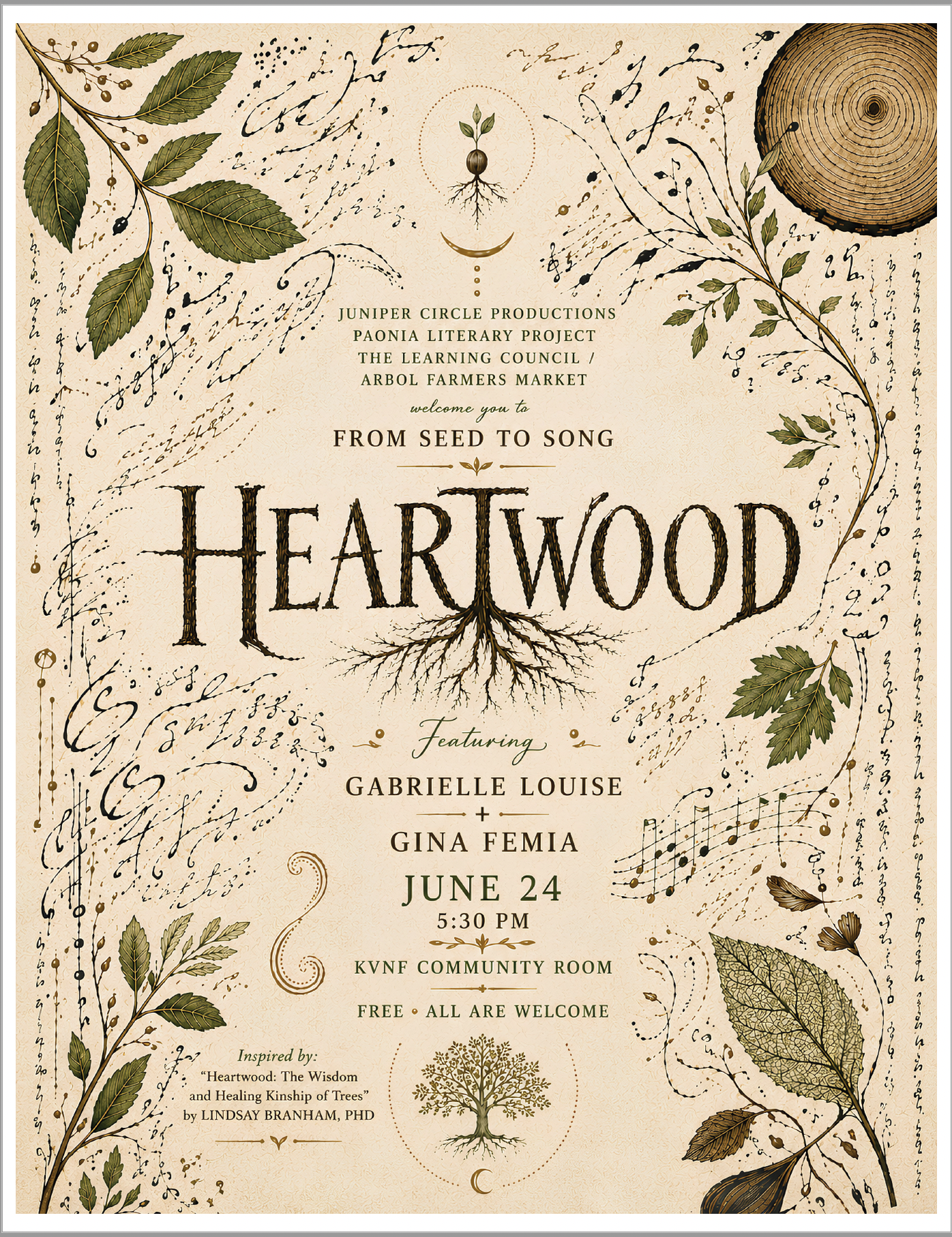 "From Seed to Song: Heartwood" artistic event flyer for June 24 at 5:30 PM at the KVNF Community Room. Intricately illustrated with botanical tree leaves, musical notes, roots, and flowing script text.