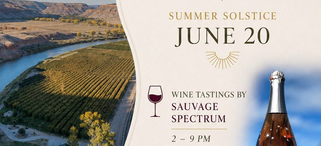 Summer Solstice Harvest Celebration flyer for Honey Rock Landing on June 20. Features a scenic aerial orchard view, a Sparklet Rosé wine bottle, wine tastings, and a 4 PM buffet.