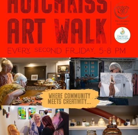 Event flyer for Hotchkiss Art Walk, every second Friday from 5 to 8 PM. Features a bold red header and a photo collage of visitors viewing local paintings, pottery, and sculptures inside galleries.