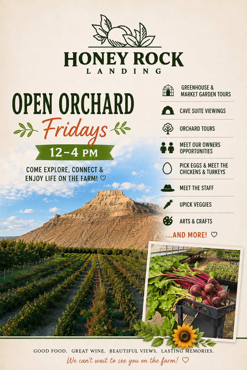 Event flyer for Open Orchard Fridays at Honey Rock Landing, 12-4 PM. Features a scenic orchard below a desert mesa and lists activities like orchard tours, UPick veggies, and arts.
