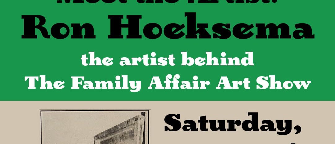 Event flyer titled "Meet the Artist: Ron Hoeksema" at The Apple Shed for Saturday, June 20th, 1-4 PM. Features the gallery's apple logo and a black-and-white photo of an artist painting on a canvas.