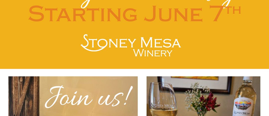 Flyer for Summer Sunday Brunches at Stoney Mesa Winery starting June 7th. Features a yellow background with text above photos of a catered buffet setup and a full brunch plate with wine.