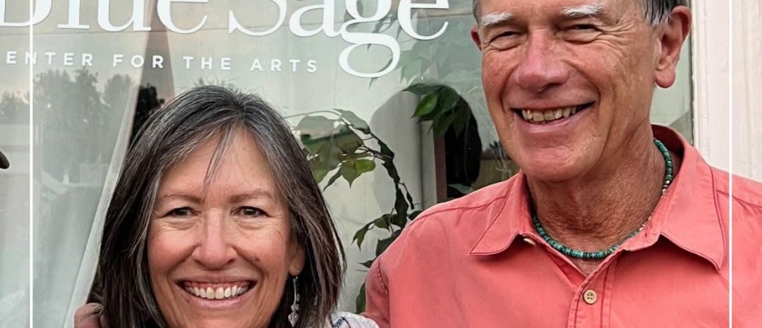 Sage Alley Socials" event graphic for Blue Sage Center for the Arts showing a photo of smiling musicians Lynn Pulford and George Weber against a white-framed black overlay.