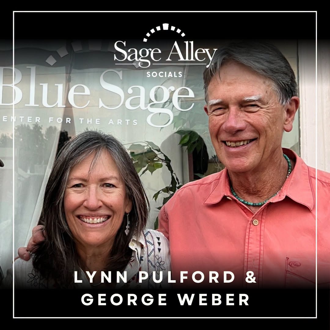 Sage Alley Socials" event graphic for Blue Sage Center for the Arts showing a photo of smiling musicians Lynn Pulford and George Weber against a white-framed black overlay.