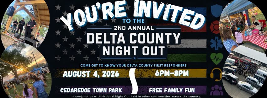 Event banner for the 2nd Annual Delta County Night Out on August 4, 2026, from 6 PM to 8 PM at Cedaredge Town Park. Features photos of local first responders and a stylized American flag background