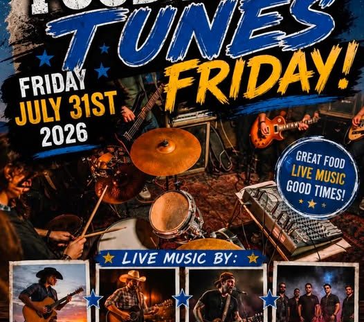Event flyer for "Food and Tunes Friday!" on July 31, 2026 at Grand View Event Center in Delta, CO ($15 admission) listing live music by Eden Landis, Keifer McCloud, Anthony Peebles, and Sean Moon Band.