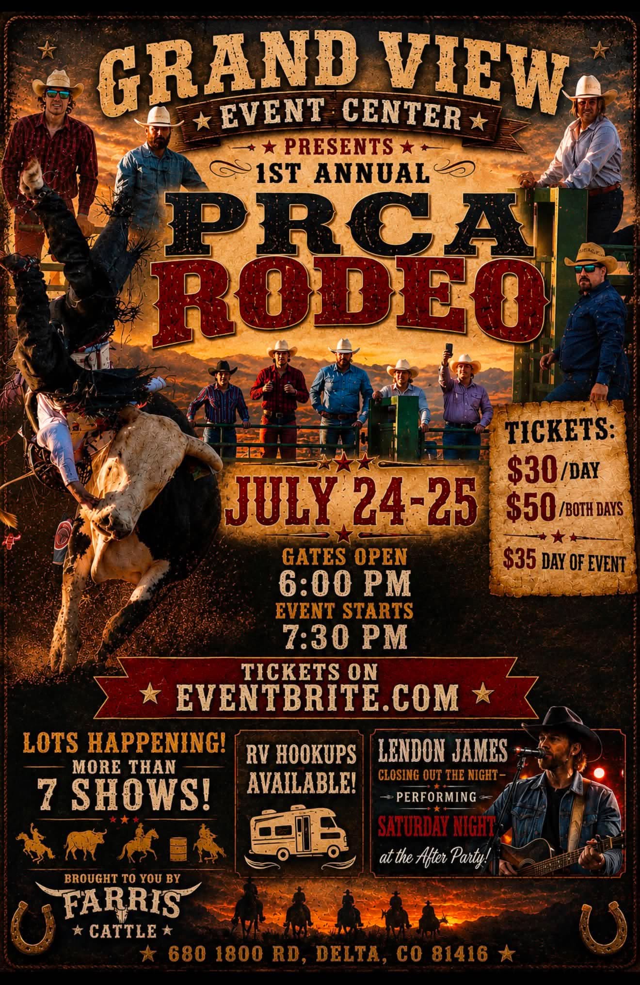 Vintage-styled "Grand View Event Center 1st Annual PRCA Rodeo" flyer for July 24-25 in Delta, CO. Shows a cowboy riding a bucking bull and a photo of after-party country singer Lendon James.