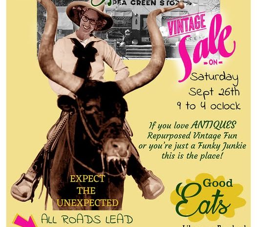 Vintage-style yellow flyer for "Picking at the Pea Vintage Sale" on Saturday, Sept 26th. Features a retro photo of a woman in a large hat riding a steer in front of the Pea Green Store.
