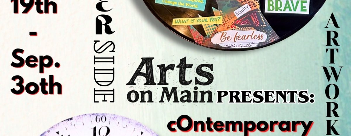 "Seeing Another Side" call to artists flyer for a contemporary and modern art show running Aug 19 to Sept 30. Features circular, vinyl record mixed-media collage artwork by Kristie Donathan.