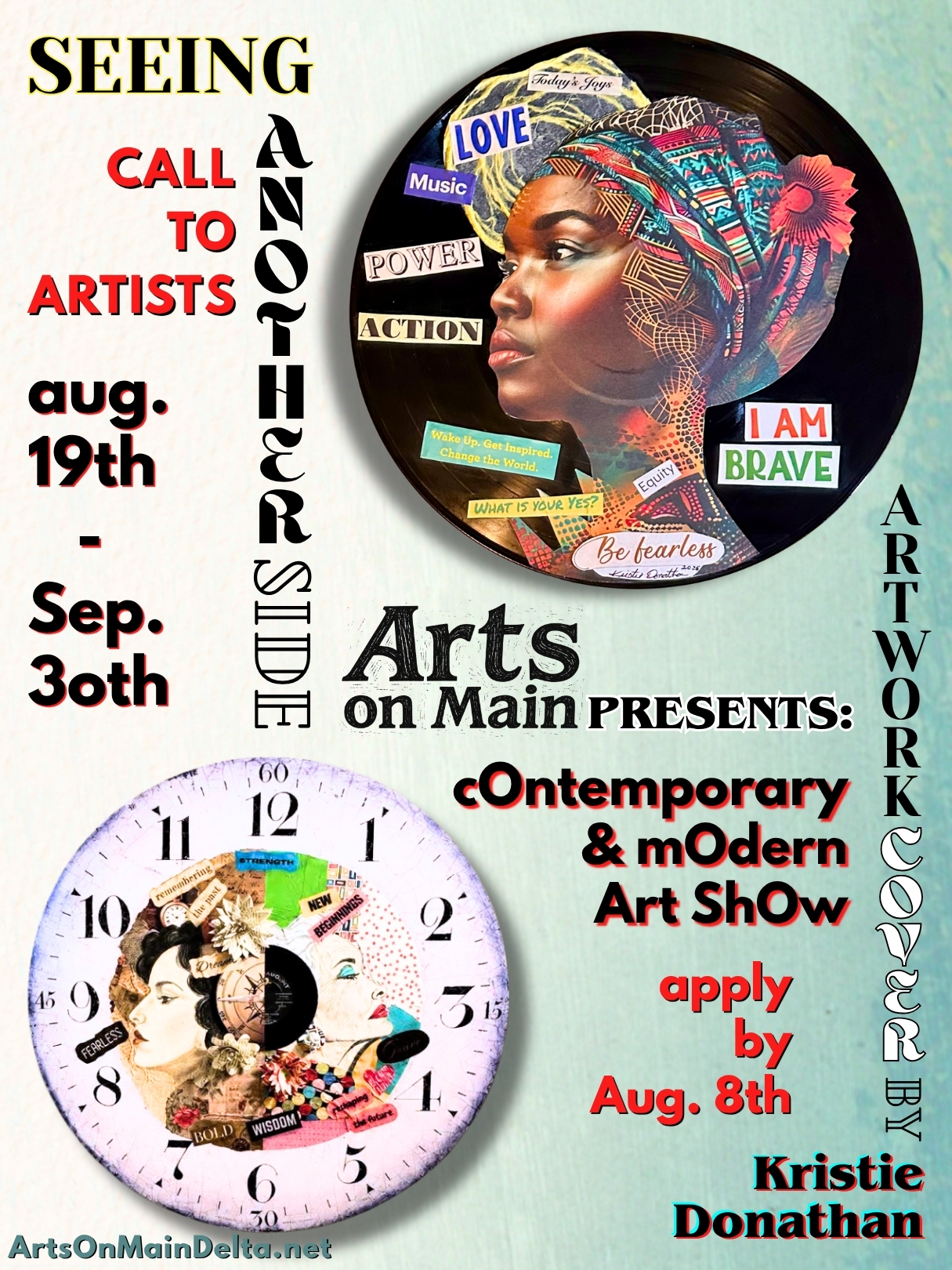 "Seeing Another Side" call to artists flyer for a contemporary and modern art show running Aug 19 to Sept 30. Features circular, vinyl record mixed-media collage artwork by Kristie Donathan.
