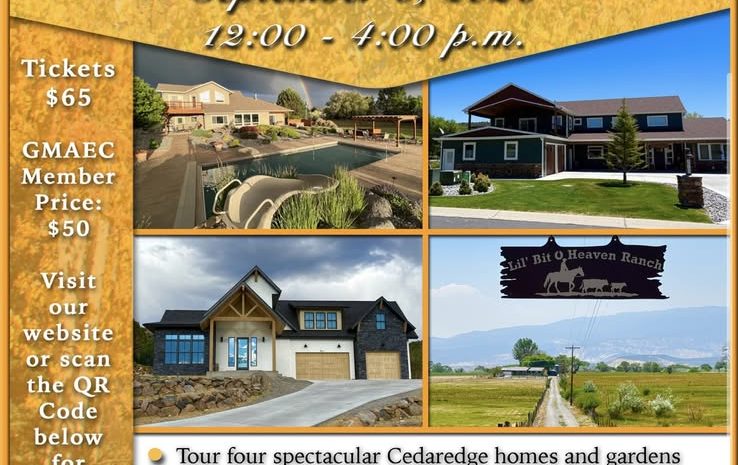 "8th Annual Tour de Cedars" flyer for Sept 6, 2026, from 12-4 PM. Features photos of elegant custom homes, a swimming pool, and the Lil' Bit O' Heaven Ranch sign on an orange background.