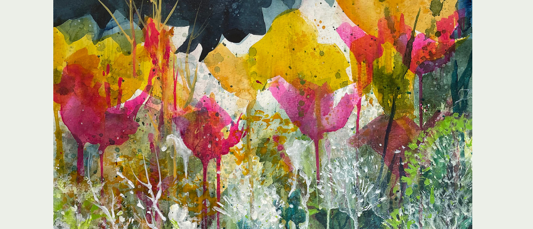 "Watermedia Workshop with Artist Connie Hendrix" flyer featuring a vibrant watercolor painting of colorful red and yellow flowers blooming beneath a dark, expressive sky element.