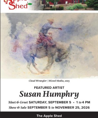 Event poster for artist Susan Humphry at The Apple Shed, displaying her mixed-media artwork "Cloud Wrangler" featuring a cowboy riding a bucking bronco against a watercolor sky