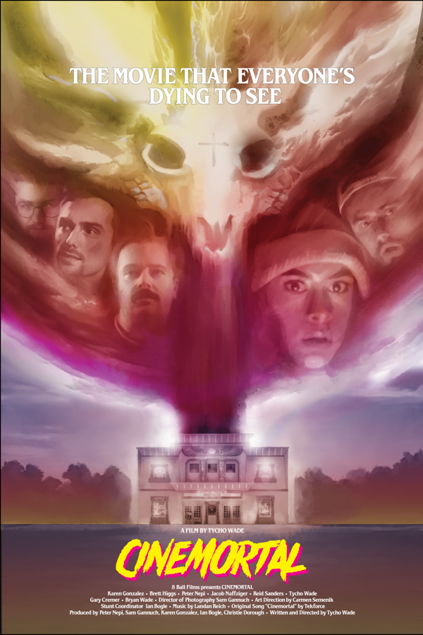 Movie poster for "Cinemortal," a film by Tycho Wade, depicting face portraits inside a glowing skull beam rising from the historic Egyptian Theatre building.