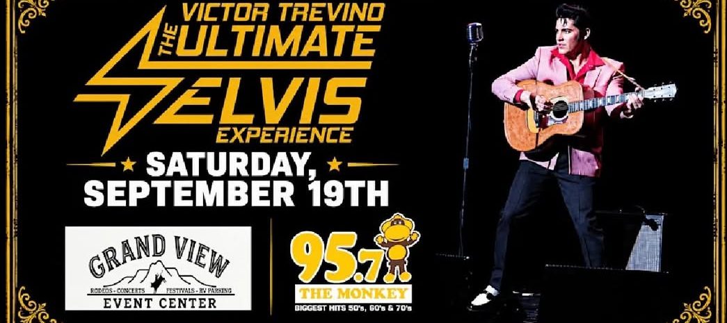 Concert flyer for "Victor Trevino: The Ultimate Elvis Experience" on Saturday, Sept 19, showing Victor Trevino performing on stage in a pink suit jacket with an acoustic guitar