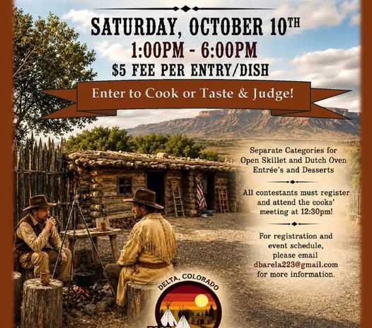 Event poster for Fort Uncompahgre Campfire Cook Off on Oct 10, depicting historical reenactors sitting by a campfire outside log cabins against a desert landscape.