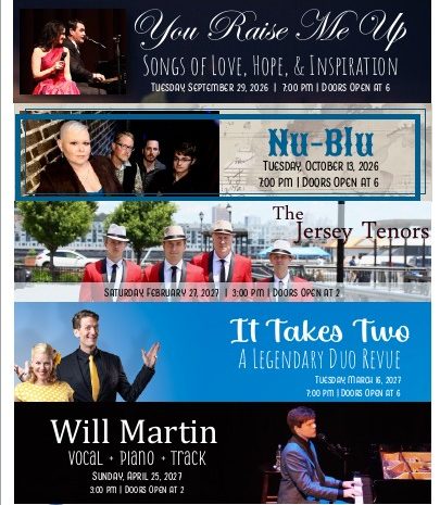 Season poster for Delta-Montrose Community Concert Association 2026-2027 season featuring performance dates for You Raise Me Up, Nu-Blu, The Jersey Tenors, Will Martin, and It Takes Two.