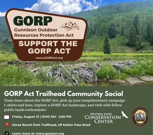 Event poster for GORP Act Trailhead Community Social at Horse Ranch Park Trailhead on August 21, showing a beaver dam landscape background with event details.