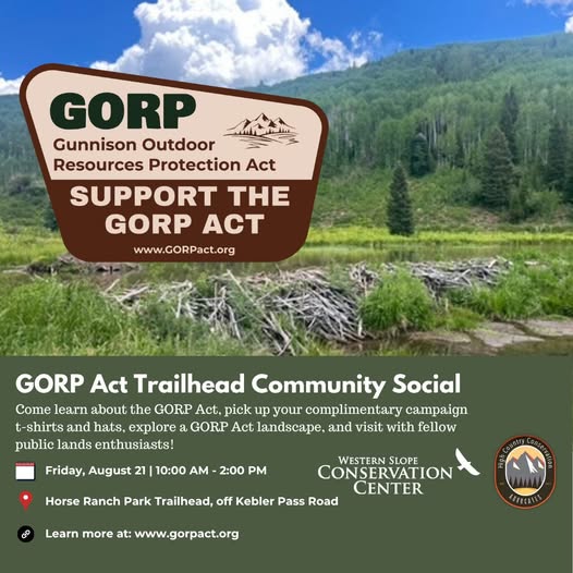 Event poster for GORP Act Trailhead Community Social at Horse Ranch Park Trailhead on August 21, showing a beaver dam landscape background with event details.