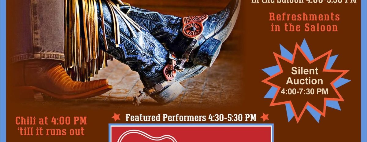 Event flyer for "Night on the Town" at Pioneer Town in Cedaredge on Sat, Aug 29 (4-8 PM). Features photos of cowboy boots, horses pulling a wagon, line dancers, and Western performers.
