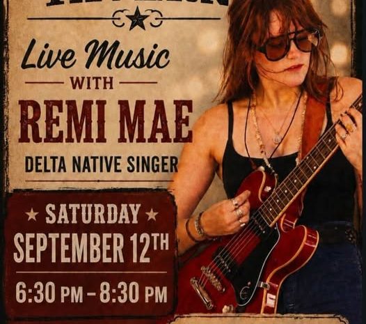 Vintage-style concert poster for Remi Mae performing live at CB's Tavern on Saturday, Sept 12, 6:30-8:30 PM, featuring a musician with an electric guitar.