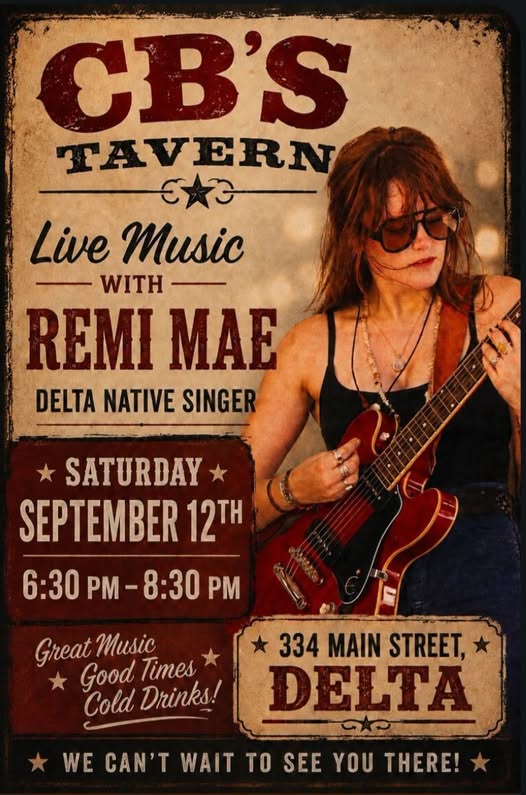 Vintage-style concert poster for Remi Mae performing live at CB's Tavern on Saturday, Sept 12, 6:30-8:30 PM, featuring a musician with an electric guitar.