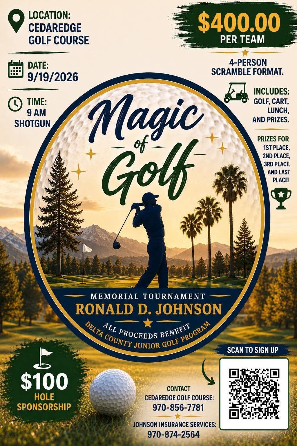 Event poster for Ronald D. Johnson Memorial Tournament at Cedaredge Golf Course on Sept 19, showing a golfer silhouette against a golf ball and mountains