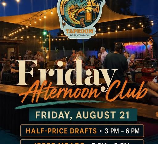 Event poster for Friday Afternoon Club at The Tipsy Trout Taproom on August 21 featuring half-price drafts (3-6 PM) and live music by Jesse Meade (7-9 PM) against an illuminated outdoor patio backdrop.