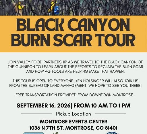 Event poster for Black Canyon Burn Scar Tour on Sept 16, 10 AM–1 PM, showing burned trees and firefighters above event details with free transport from Montrose