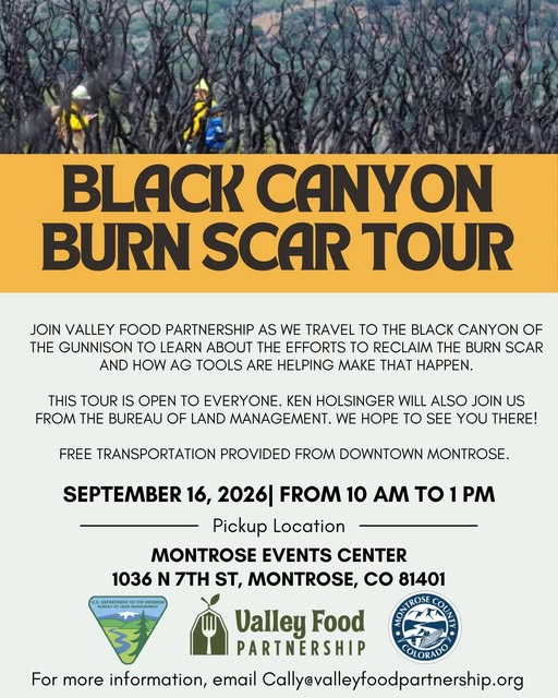Event poster for Black Canyon Burn Scar Tour on Sept 16, 10 AM–1 PM, showing burned trees and firefighters above event details with free transport from Montrose