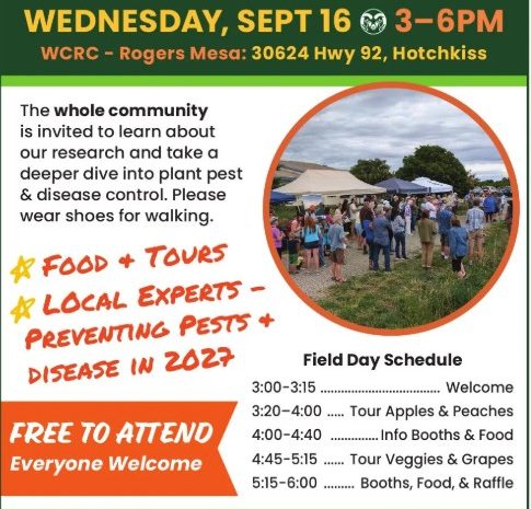Event poster for 5th Annual Field Day on Sept 16 from 3-6 PM at CSU WCRC Rogers Mesa in Hotchkiss, featuring guided farm tours, food, and pest control info.